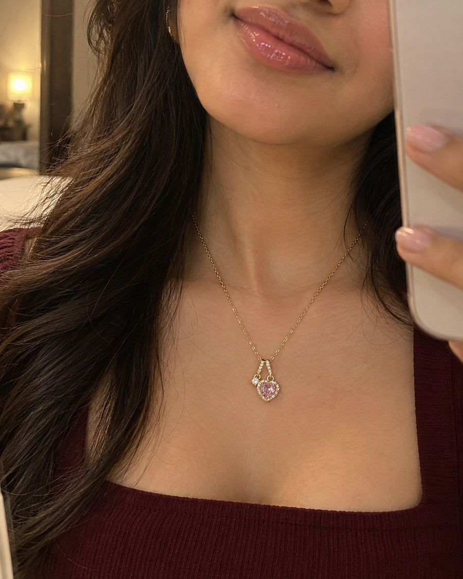 Pink Heart Halo Necklace – worn