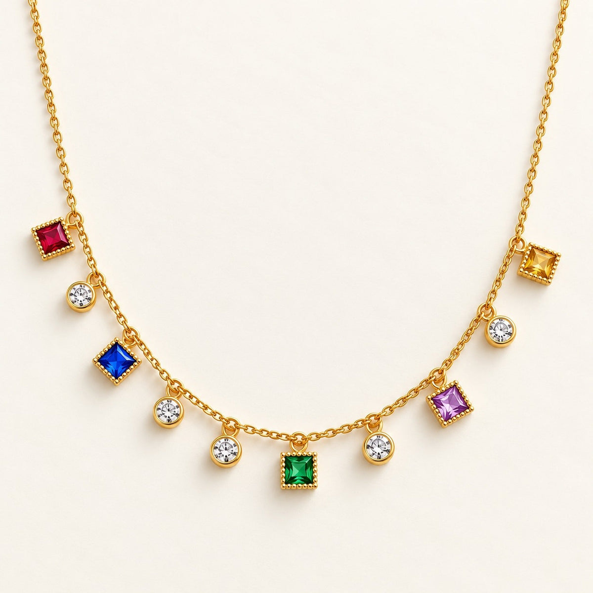 Gem Square Necklace by NuNu: square coloured stones between round crystals, anti-tarnish gold tone