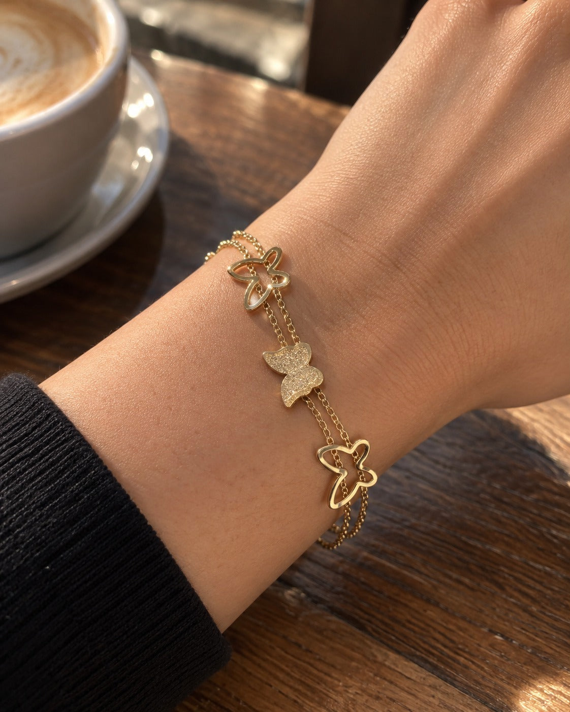 Butterfly Double Chain Bracelet worn on the wrist