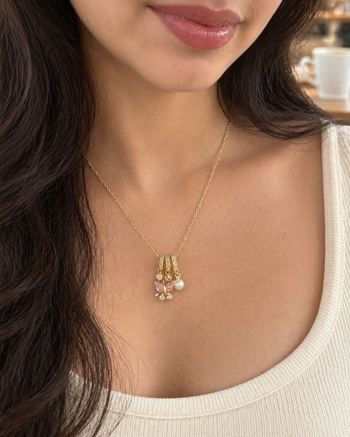 Butterfly Pearl Charm Necklace – worn