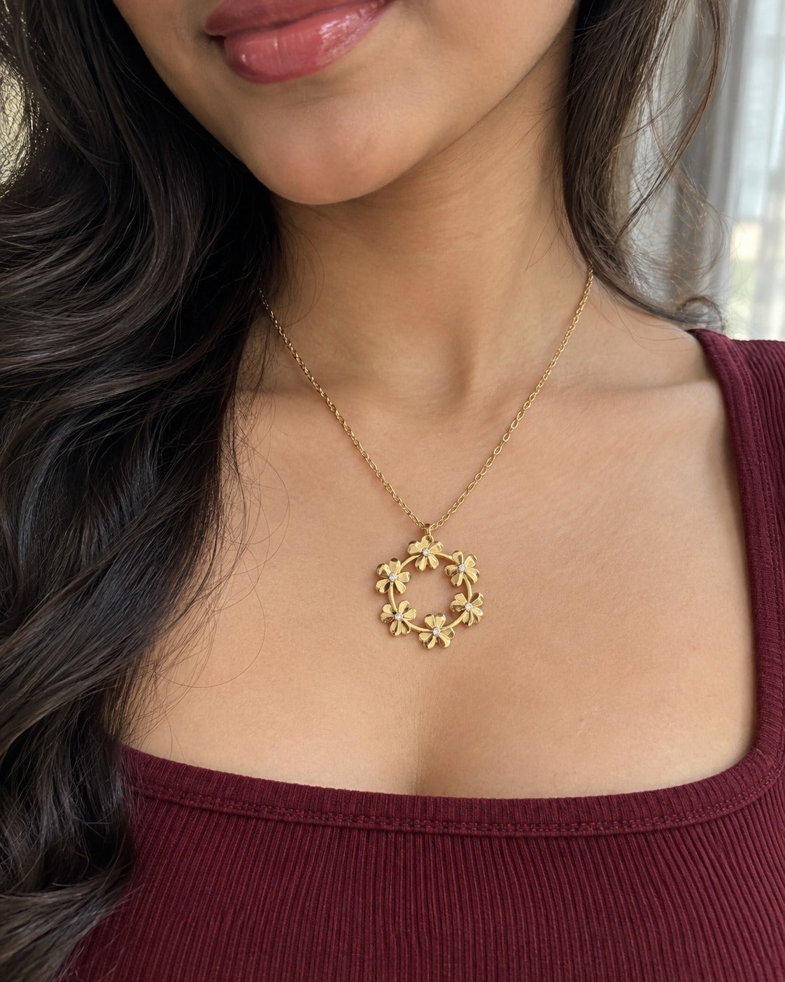 Clover Wreath Necklace worn by a model