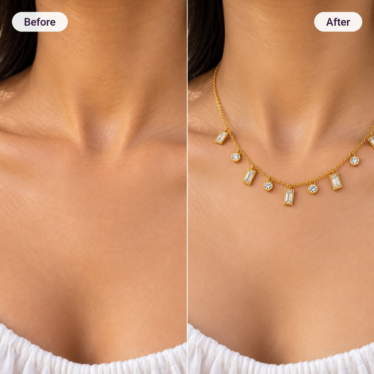 Crystal Baguette Necklace – before and after