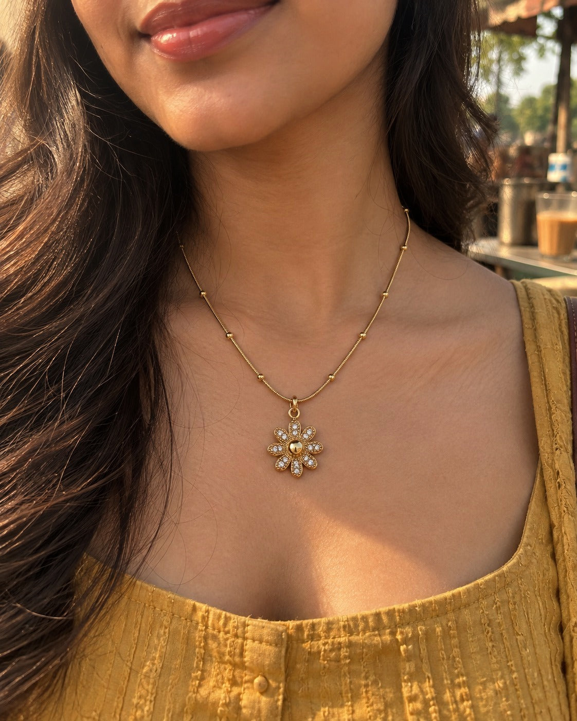 Crystal Daisy Necklace worn by a model