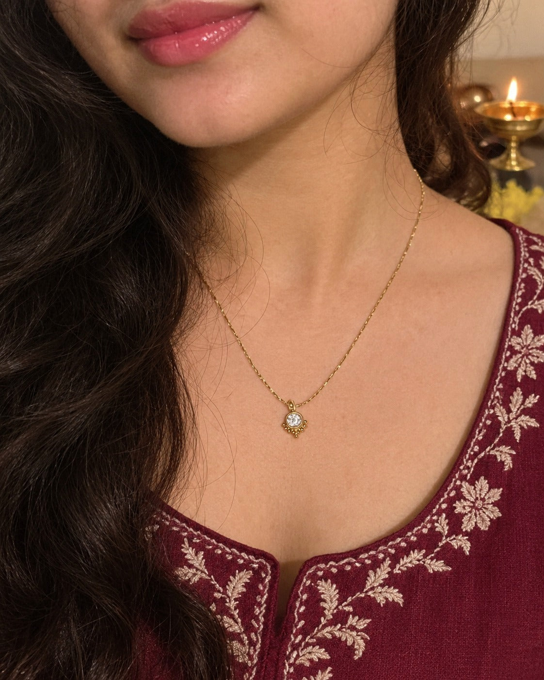 Crystal Dot Necklace worn by a model