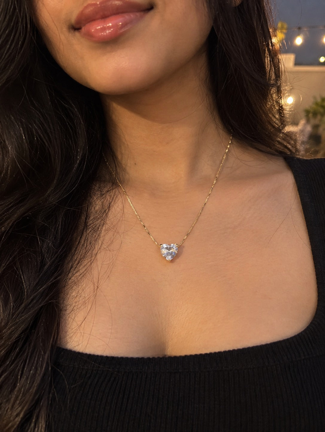 Crystal Heart Solitaire Necklace worn by a model