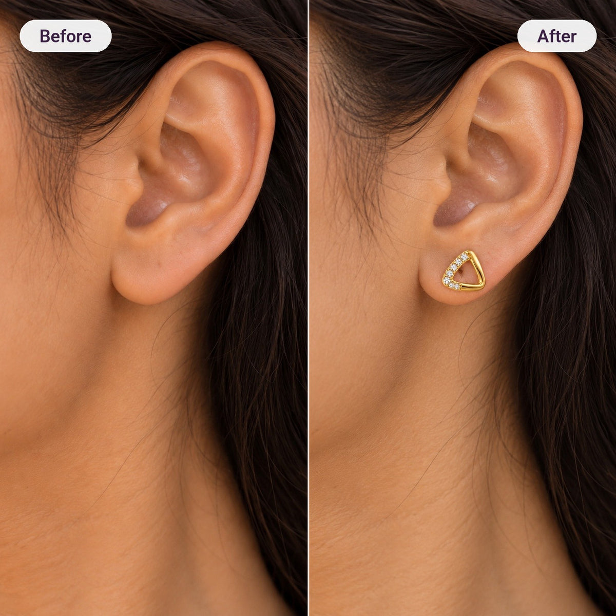 Crystal Triangle Studs – before and after