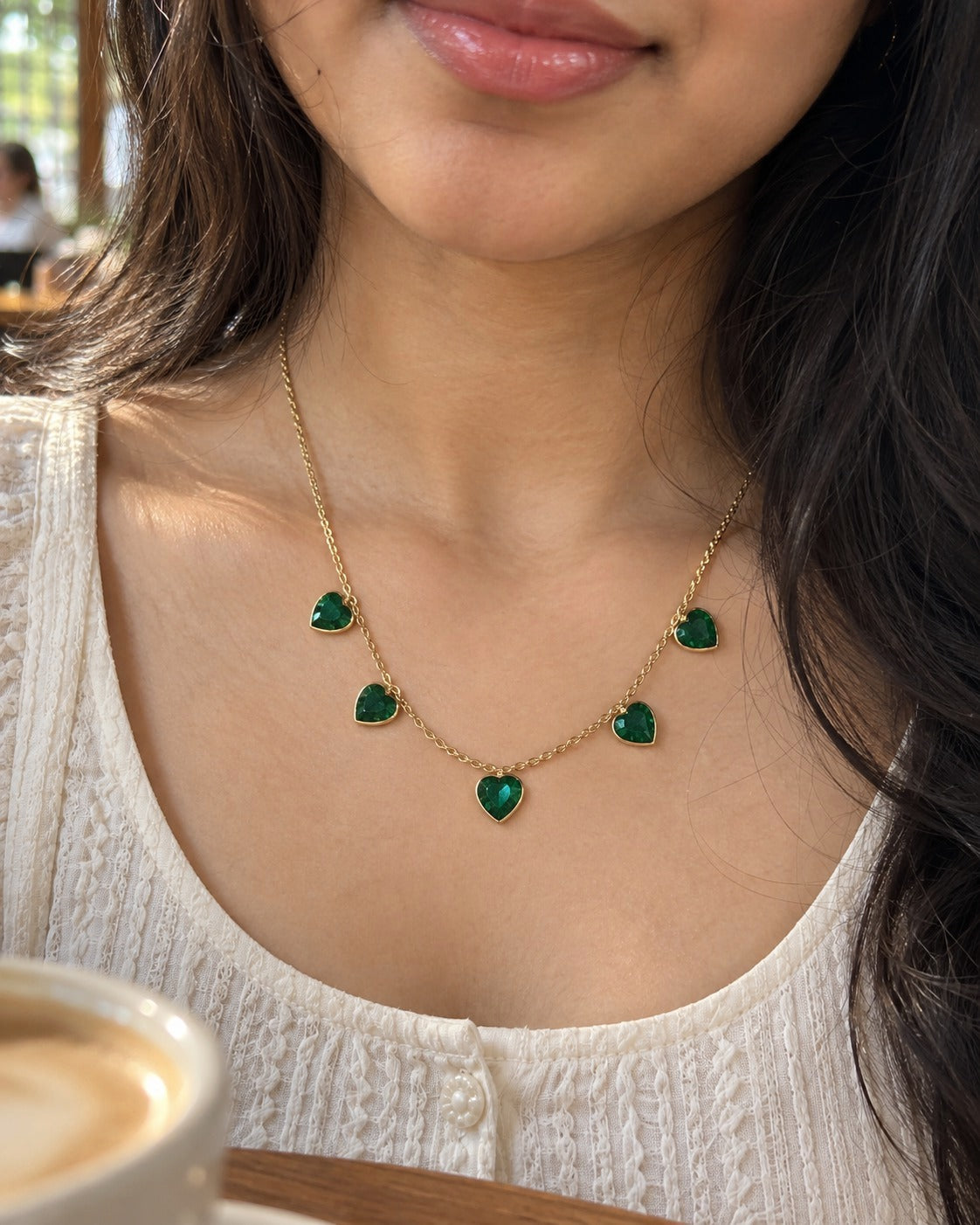 Emerald Five Hearts Necklace – worn