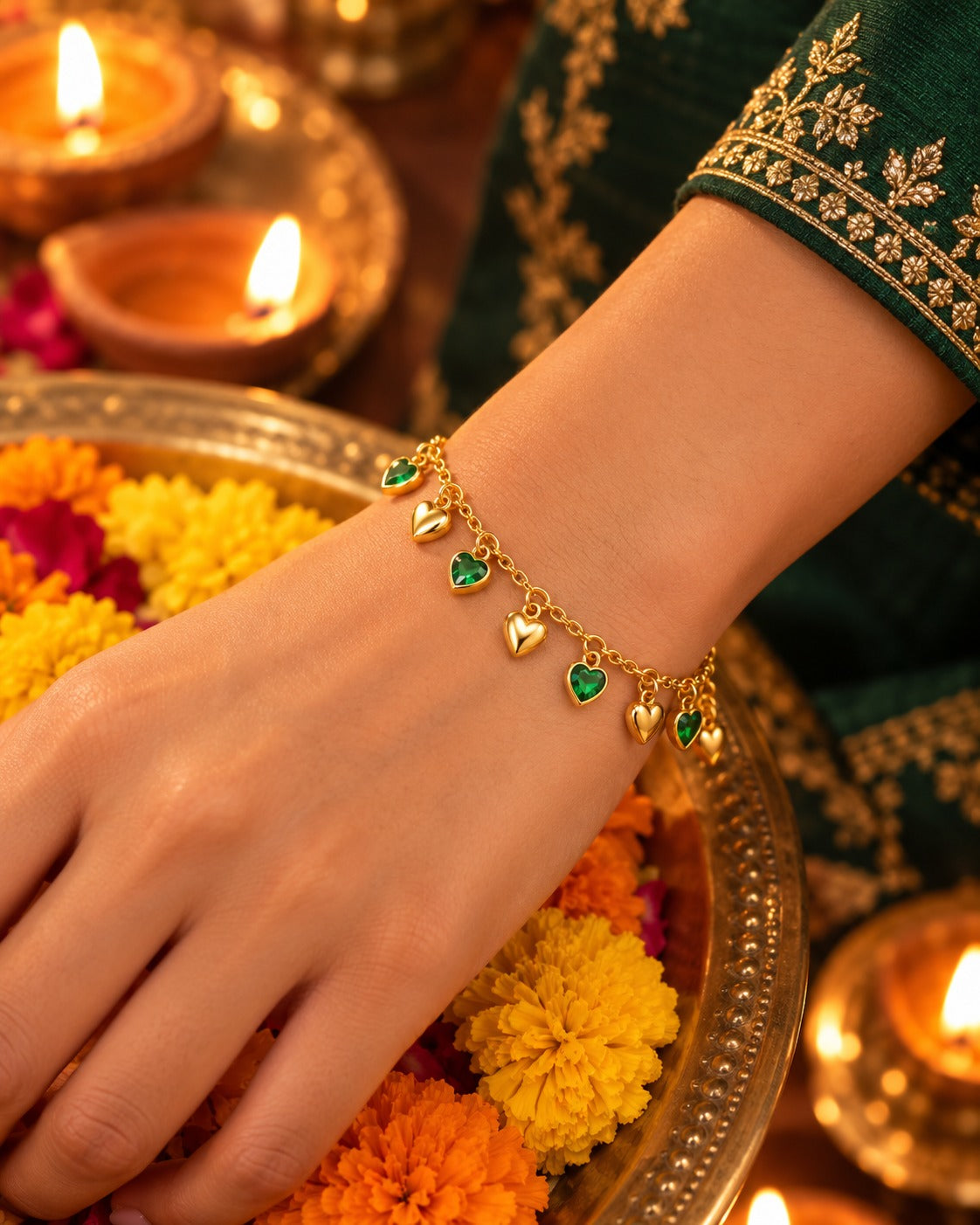Emerald Heart Charm Bracelet – worn