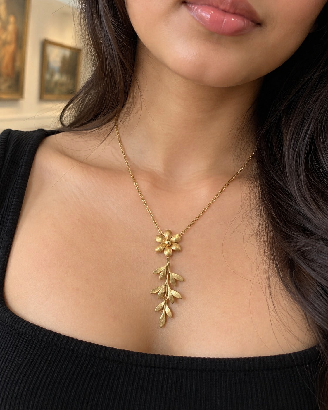 Flower Sprig Lariat Necklace worn