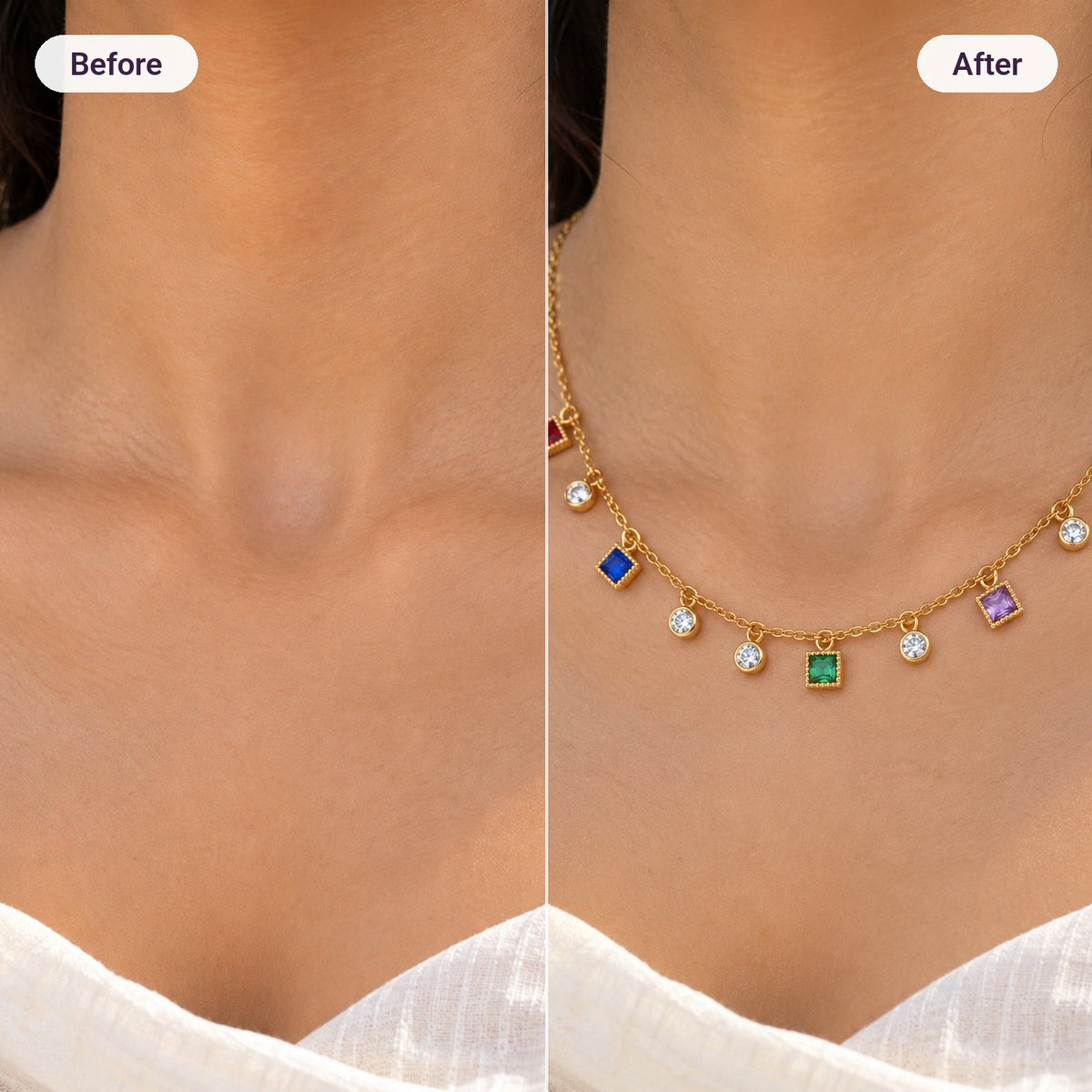 Gem Square Necklace – before and after