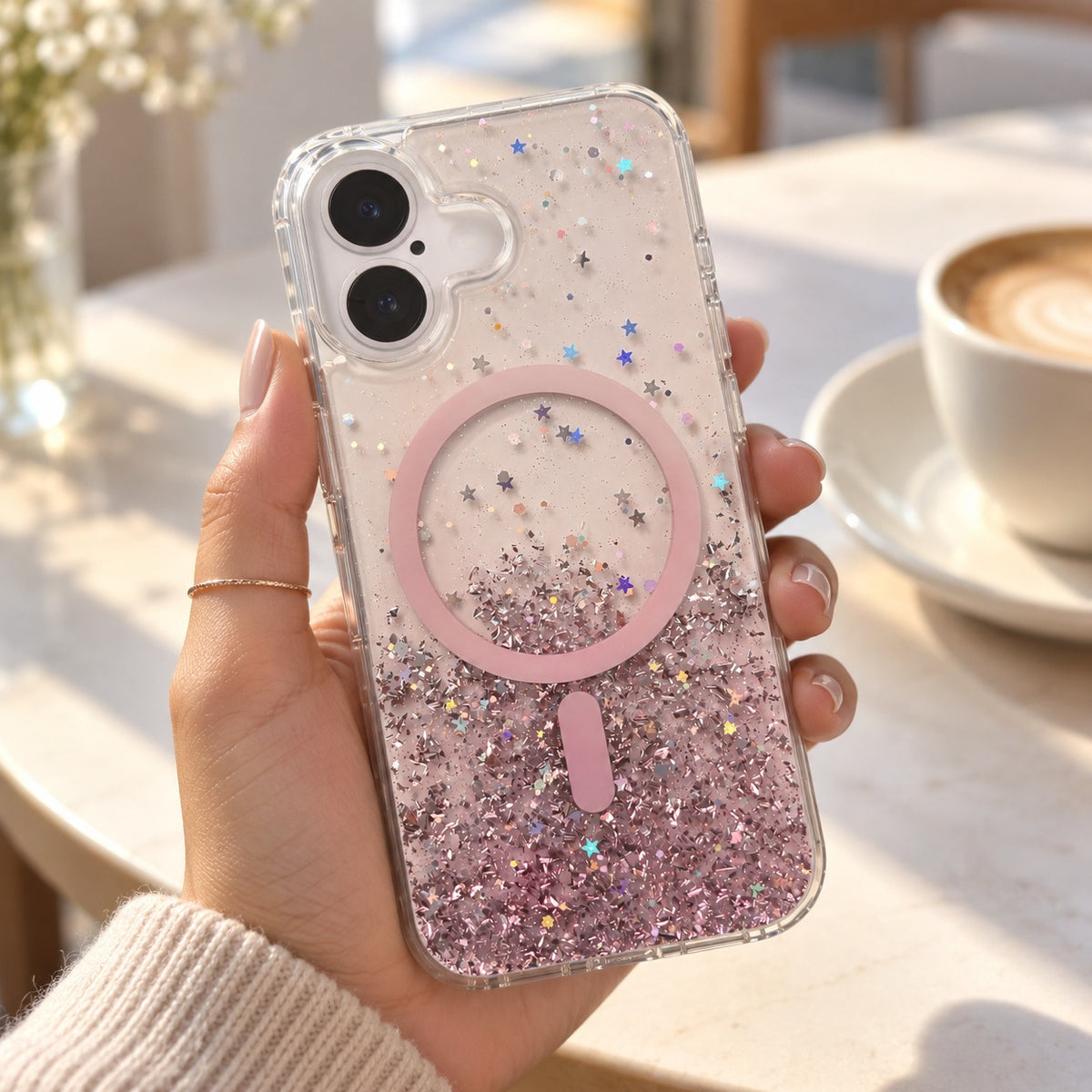 Glitter MagSafe Case – iPhone 17 pink, in hand