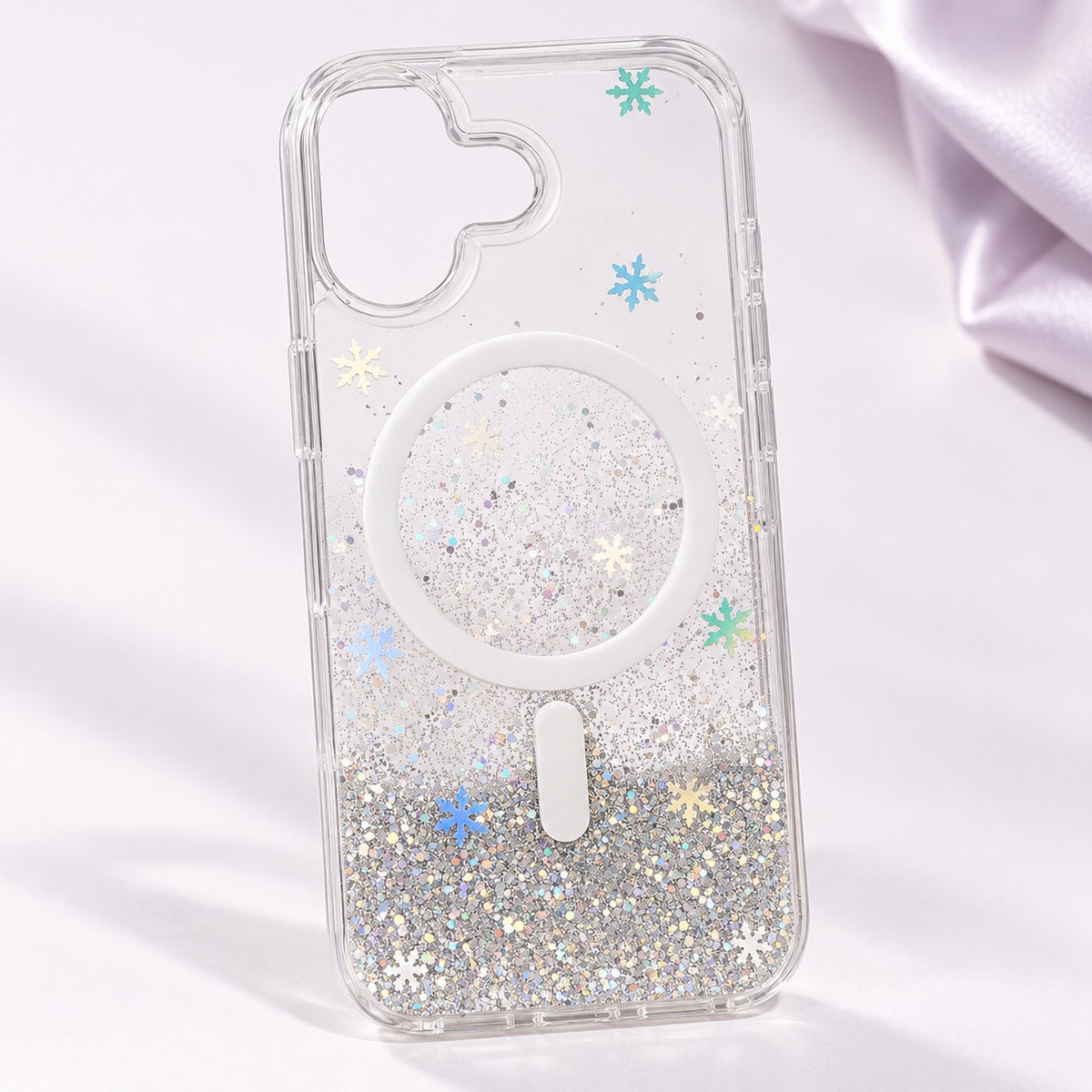 Glitter MagSafe Case – iPhone 17, silver with snowflakes