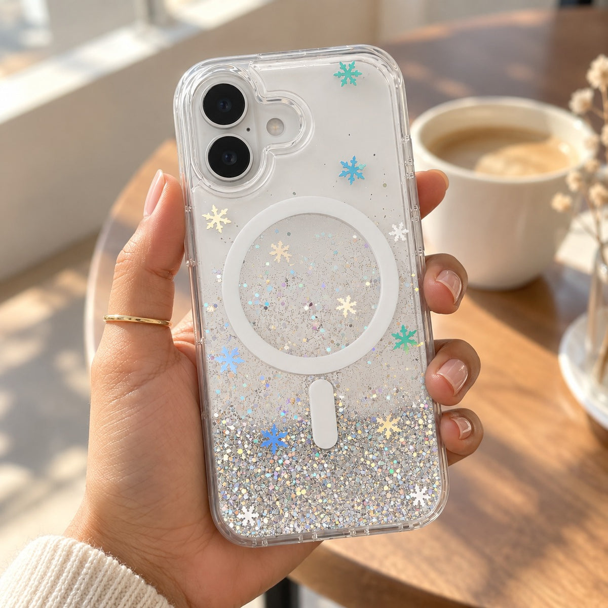 Glitter MagSafe Case – iPhone 17 silver, in hand