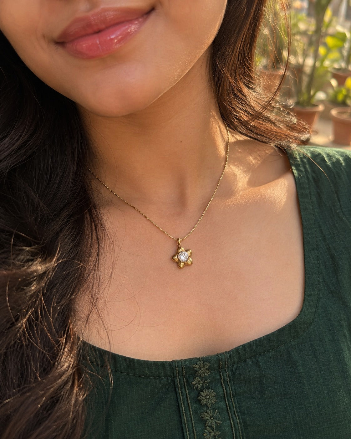 Golden Blossom Necklace worn by a model