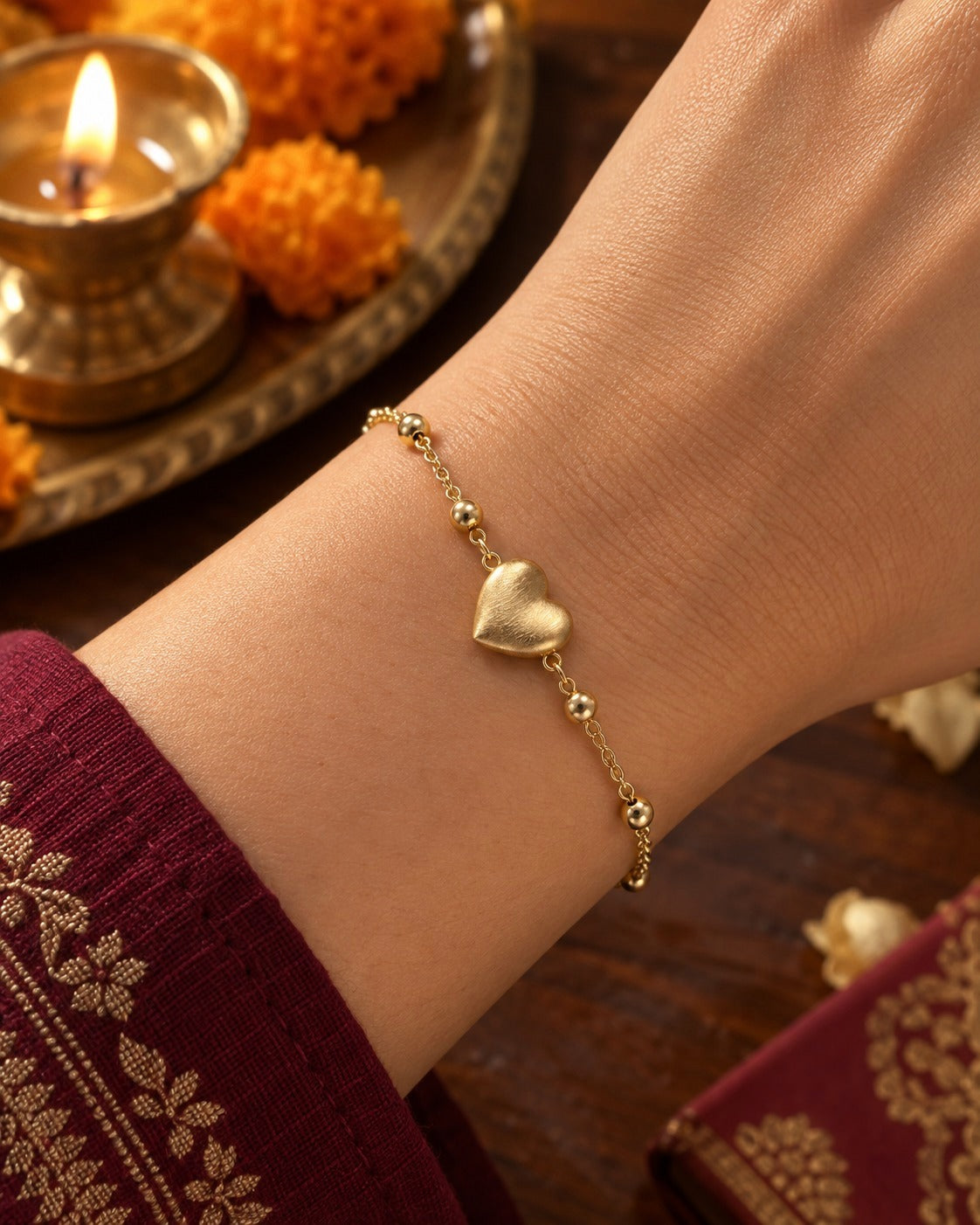 Golden Heart Bead Bracelet worn on the wrist