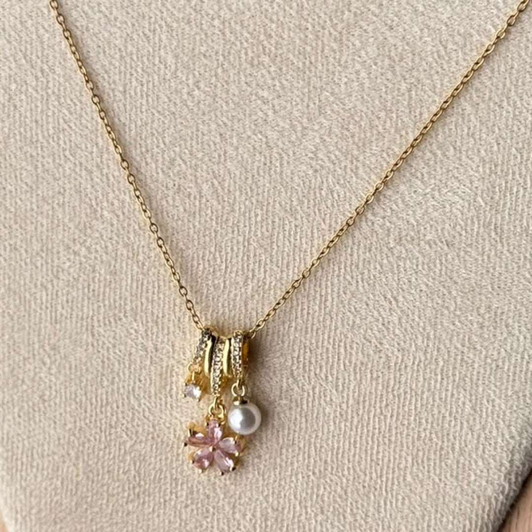 Flower Pearl Charm Necklace, pink