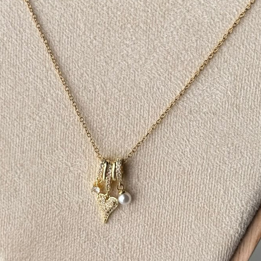 Heart Pearl Charm Necklace – real photo on cream velvet