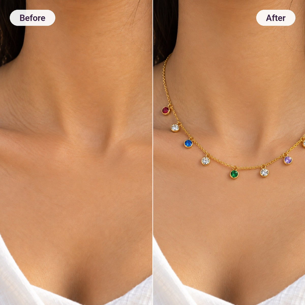 Jewel Drops Necklace – before and after