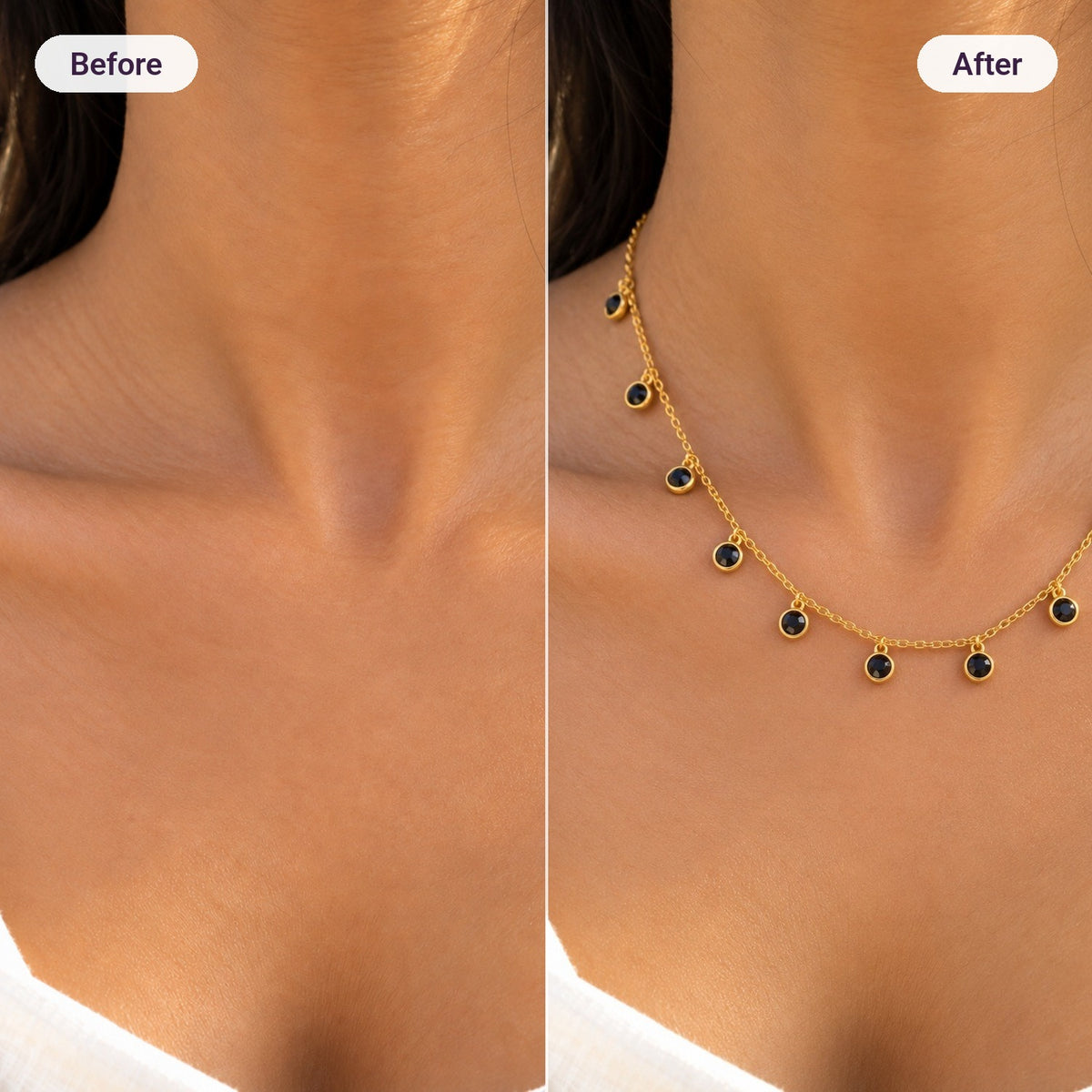 Midnight Drops Necklace – before and after