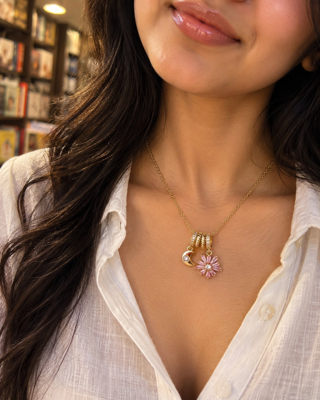 Moon & Blossom Charm Necklace – worn