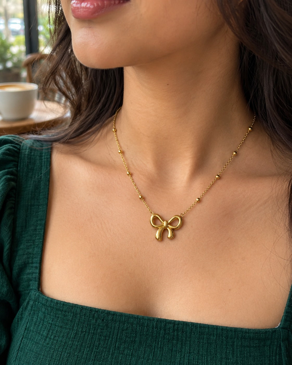 Bow Bead Chain Necklace, worn