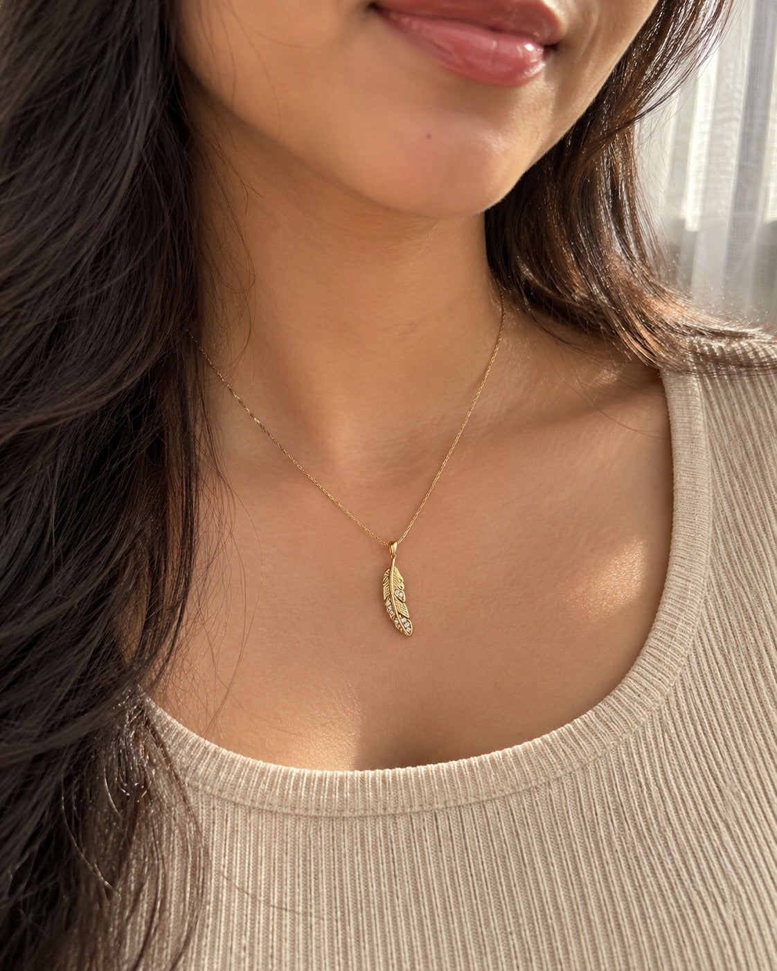Crystal Feather Necklace worn