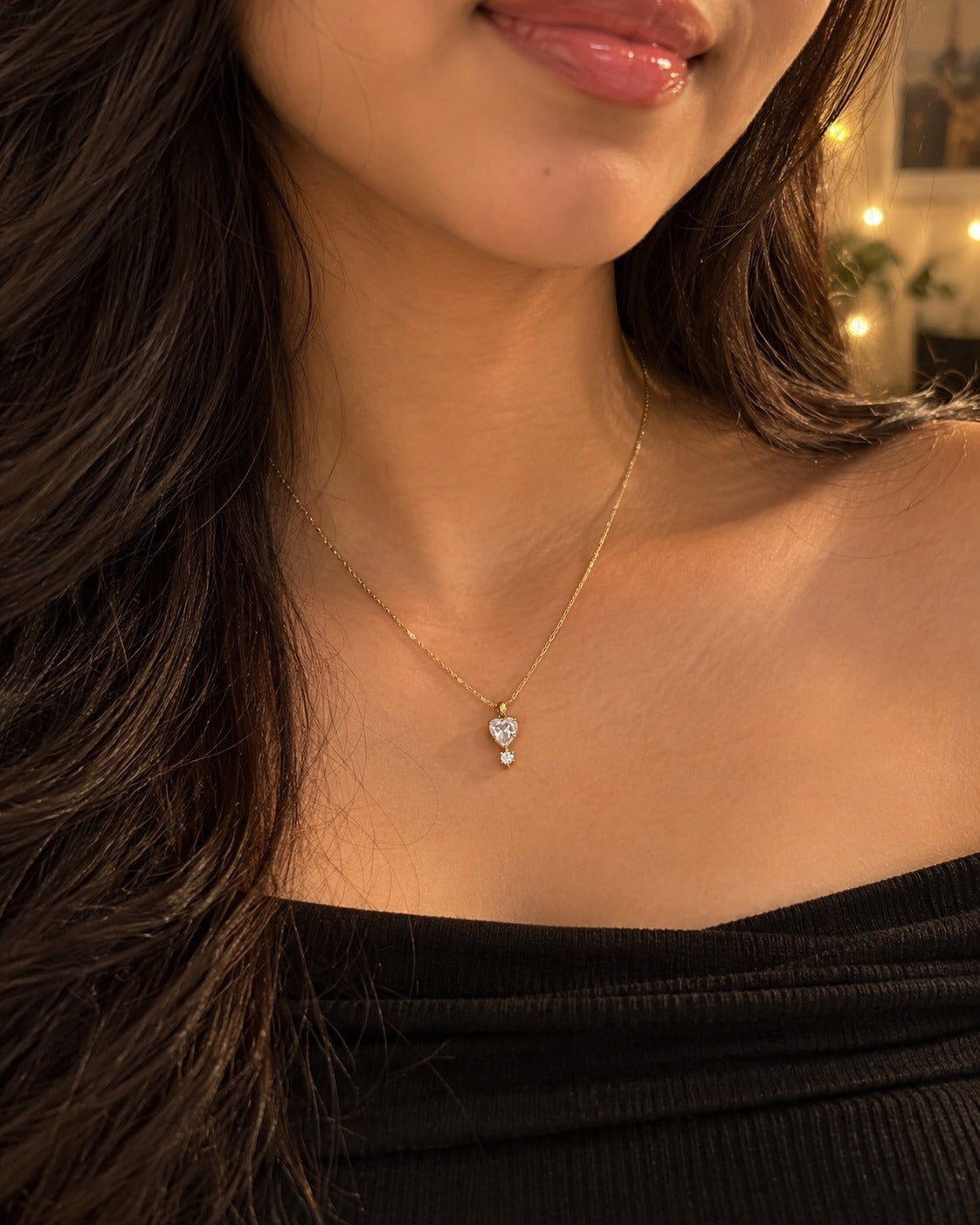 Crystal Heart Drop Necklace worn