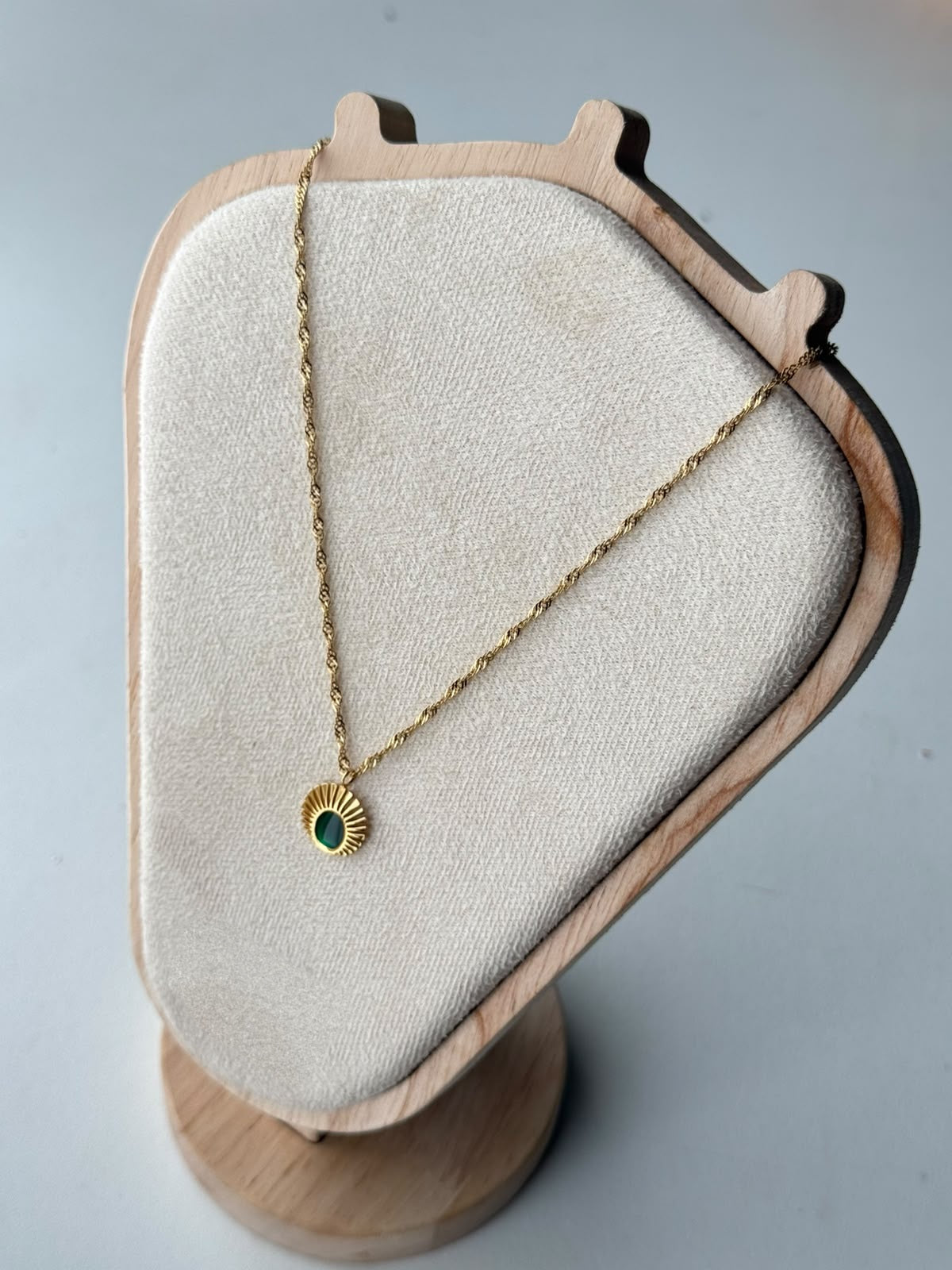 Emerald Sunray Disc Necklace, real photo