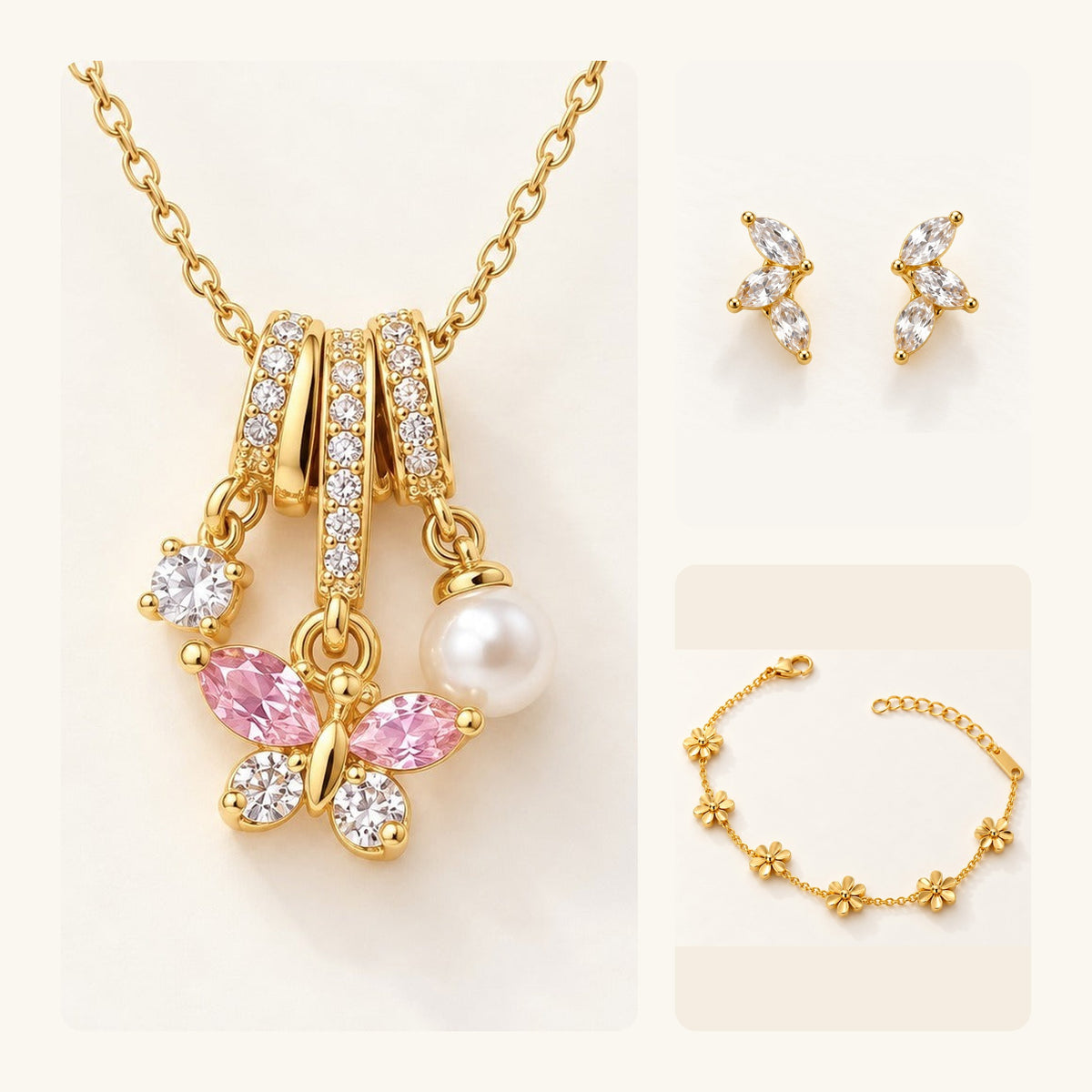 The Butterfly Set: butterfly pearl charm necklace, crystal leaf studs and daisy chain bracelet