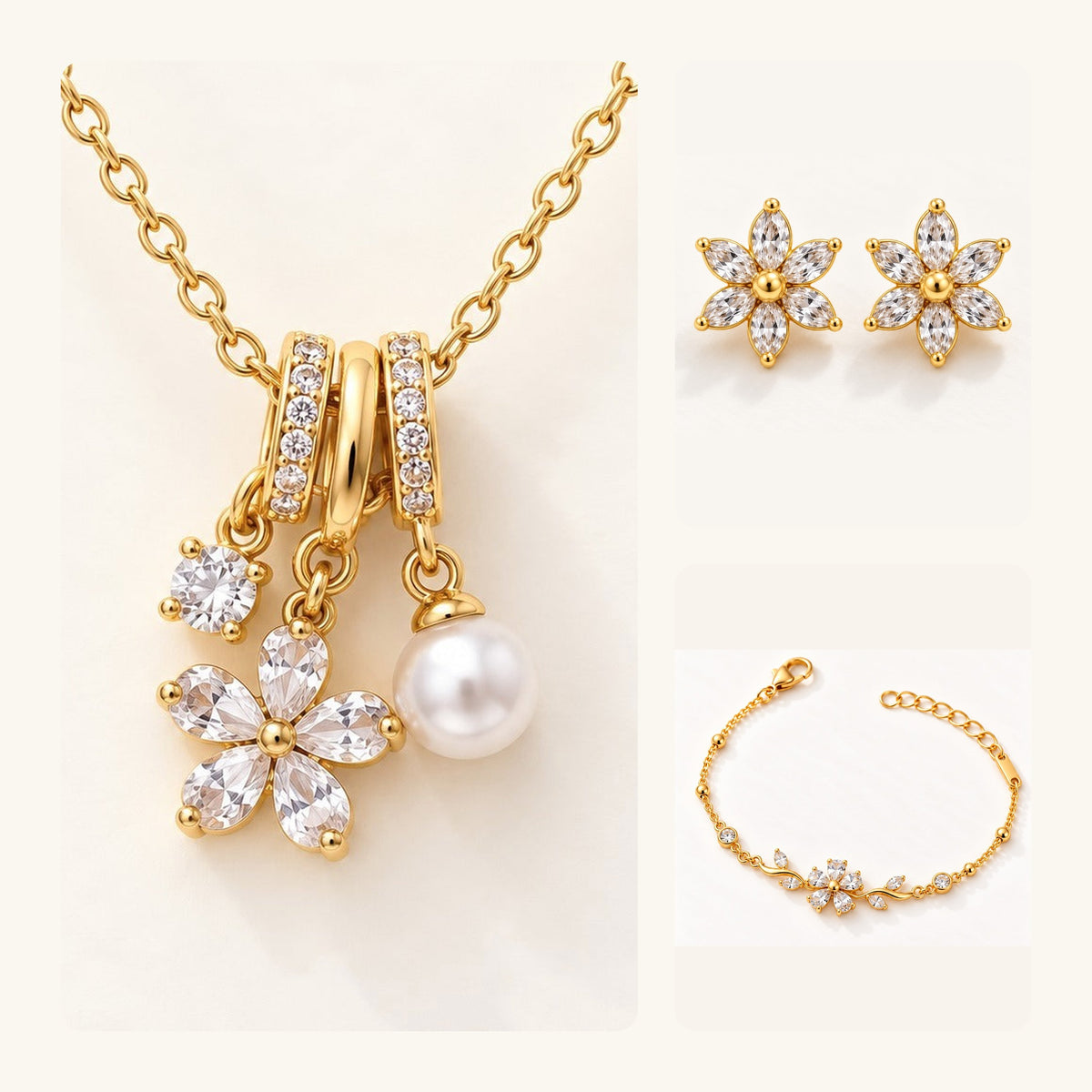 The Flower Set: flower pearl charm necklace, crystal lily studs and crystal blossom bracelet