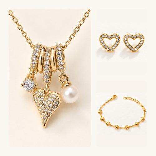 The Hearts Set: heart charm necklace, open heart studs and little hearts bracelet