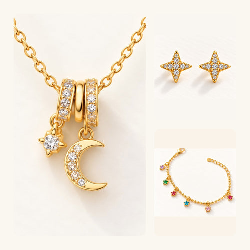 The Moon & Star Set: moon and star charm necklace, starburst studs and rainbow star bracelet