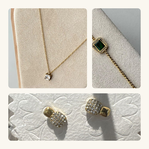 The Square Set: square crystal necklace, pave studs and emerald square bracelet