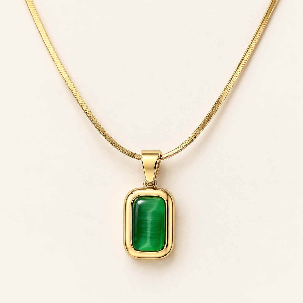 Green Square Pendant Necklace on a cream background