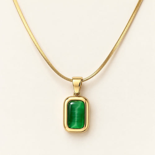 Green Square Pendant Necklace on a cream background
