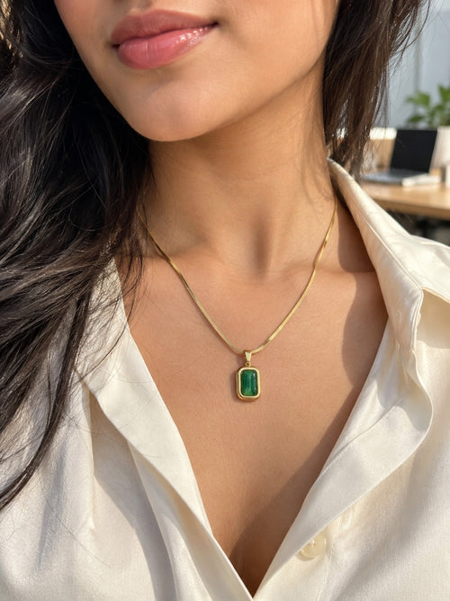 Green Square Pendant Necklace worn