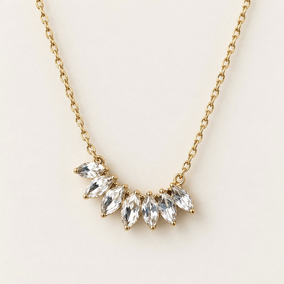 Marquise Crystal Fan Necklace on a cream background