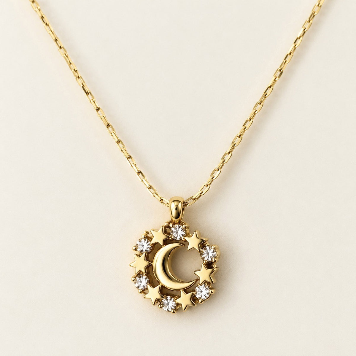 Moon Star Wreath Necklace on a cream background