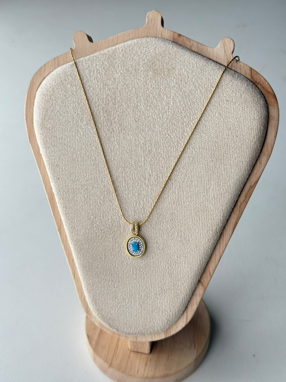 Oval Pave Halo Necklace in turquoise, real photo