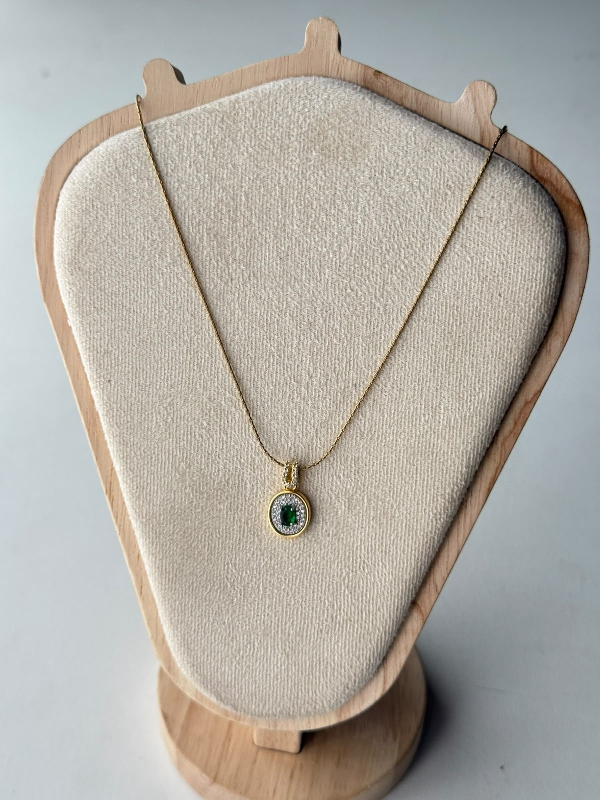 Oval Pave Halo Necklace in green, real photo