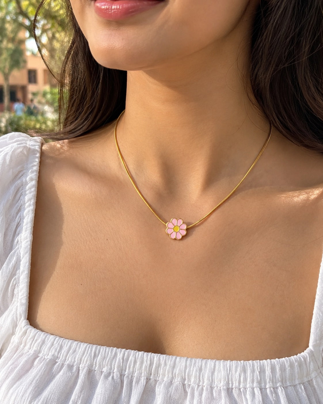 Pink Daisy Necklace, worn
