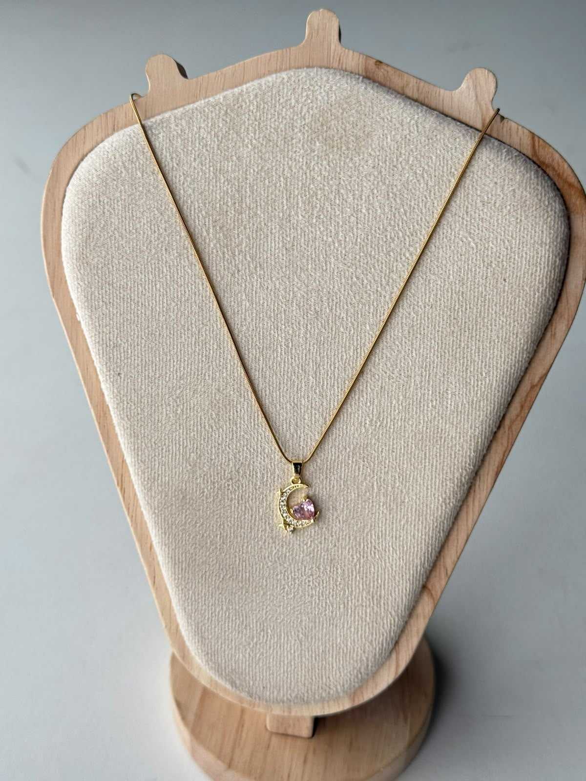 Pink Heart Crescent Necklace, real photo