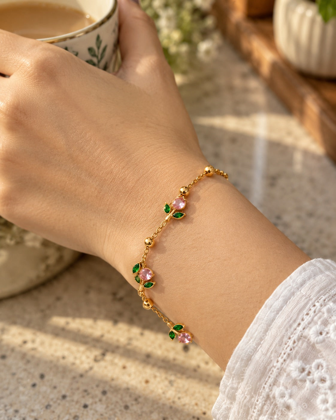 Pink Tulip Charm Bracelet, worn