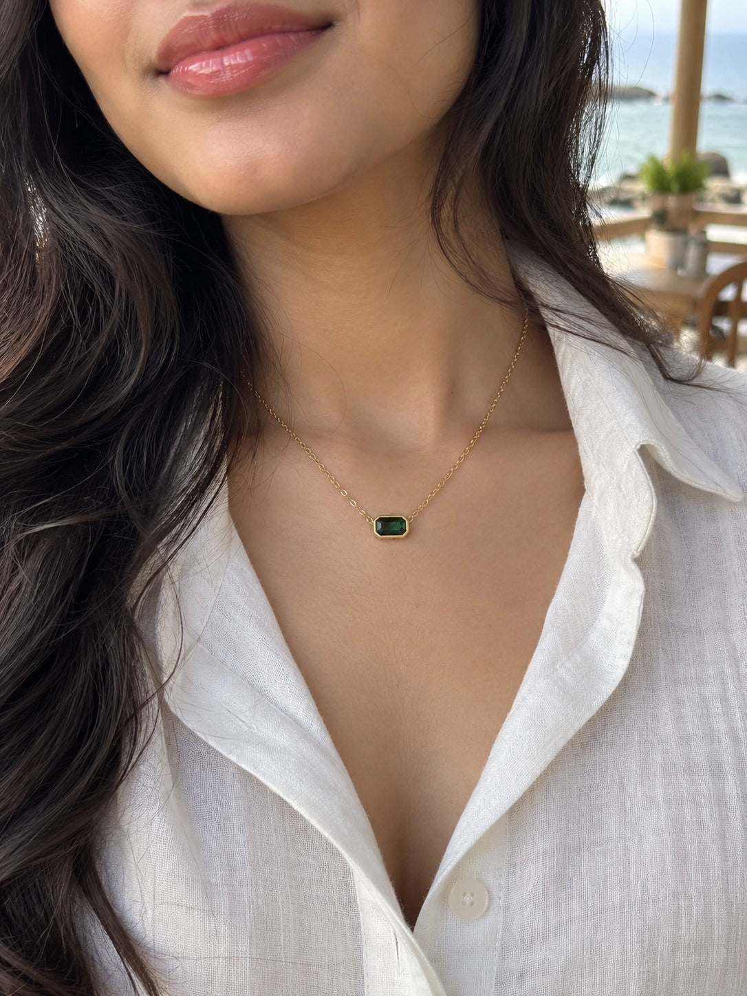 Rectangle Stone Bezel Necklace in emerald green, worn