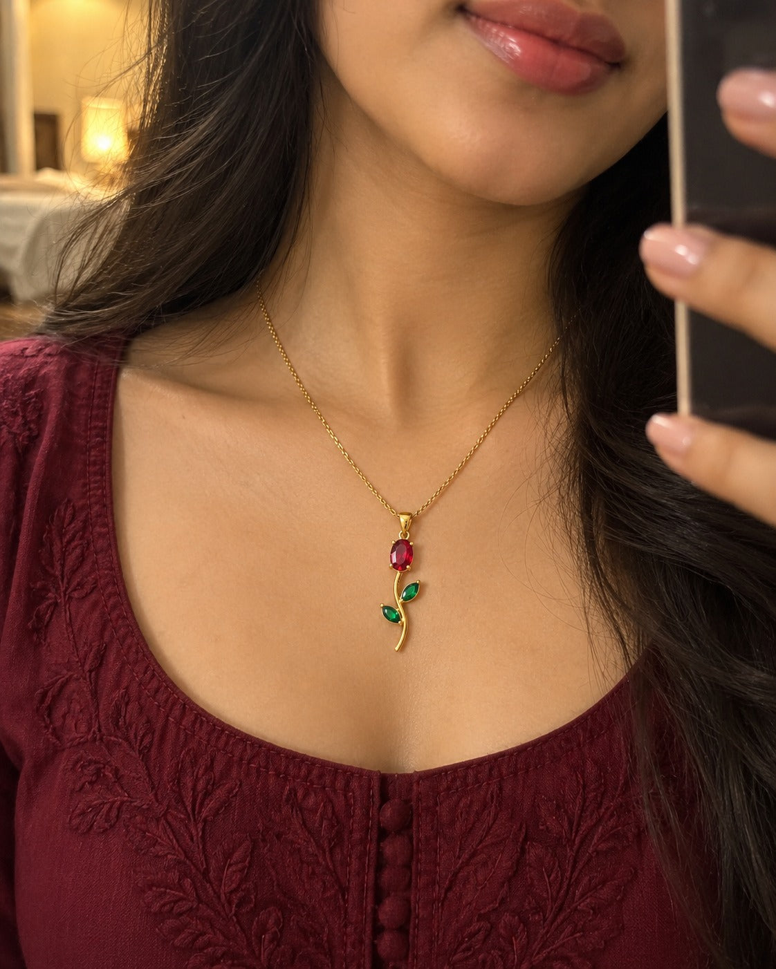 Red Tulip Stem Necklace, worn