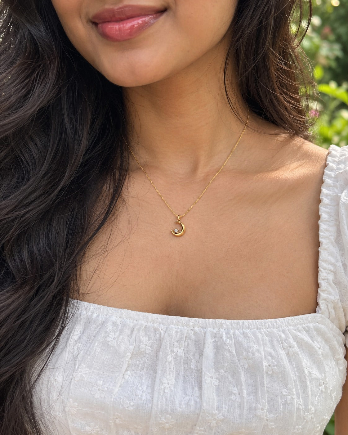 Tiny Crescent Moon Necklace worn
