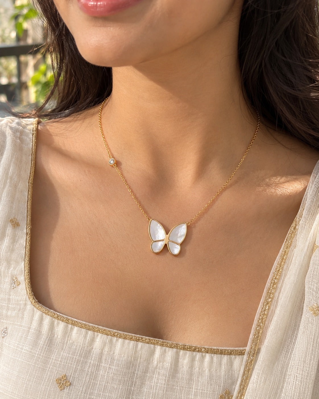 White Butterfly Necklace, worn