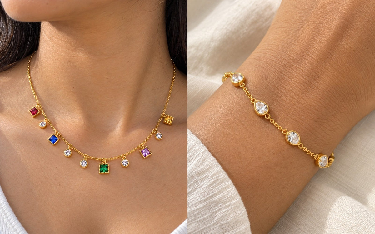 NuNu anti-tarnish jewellery worn: Gem Square Necklace and Crystal Heart Station Bracelet