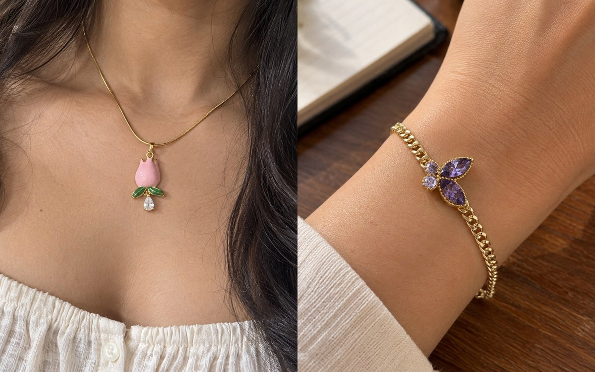 Pink Enamel Tulip Necklace and Violet Butterfly Bracelet, worn