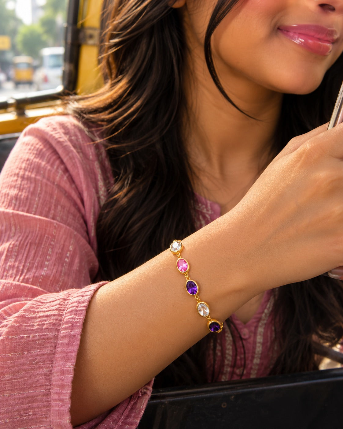 Pink & Violet Oval Bracelet – worn